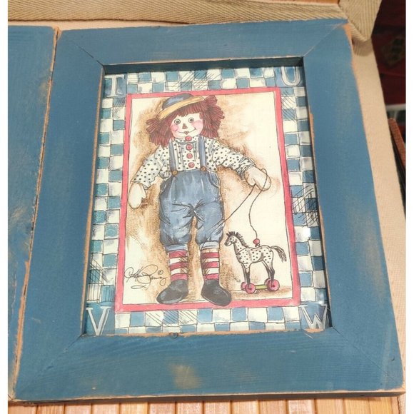 Set of VTG Rustic Signed Raggedy Ann & Raggedy Andy Blue Wooden Framed Prints - Picture 4 of 15